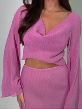 Meshki bubblegum pink long-sleeve textured plissé mesh fabric draped cowl neck